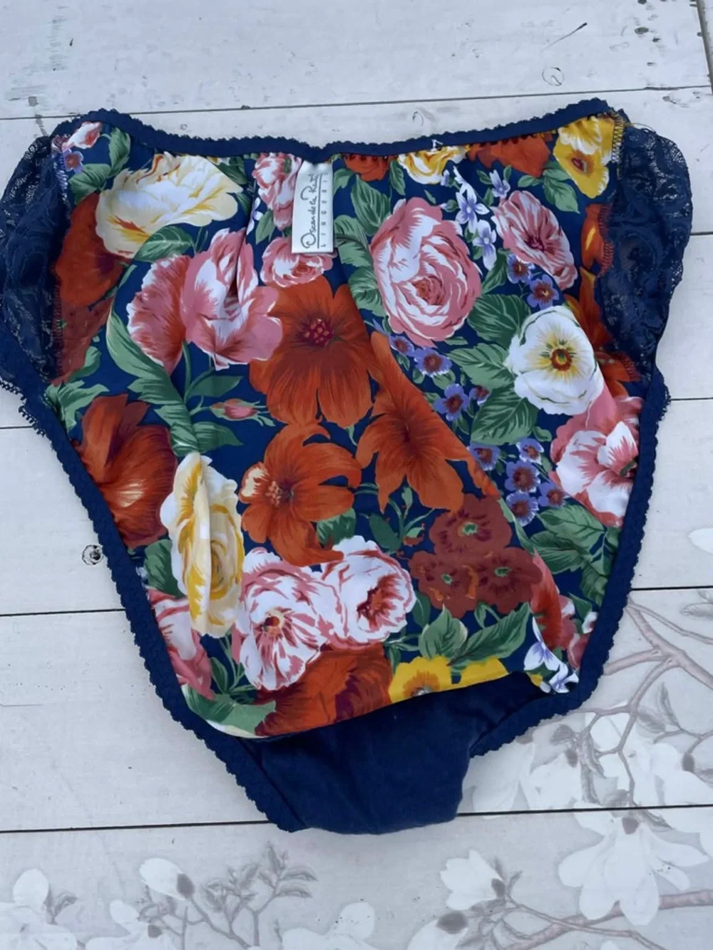 Oscar de la Renta Navy Floral Lace Trim Panties